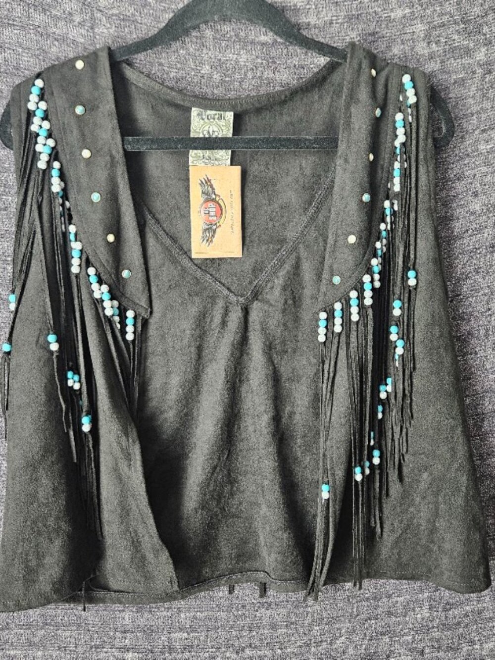Vocal Faux Suede Fringe XL Vest Turquoise White Beaded Western Boho Country Blk
